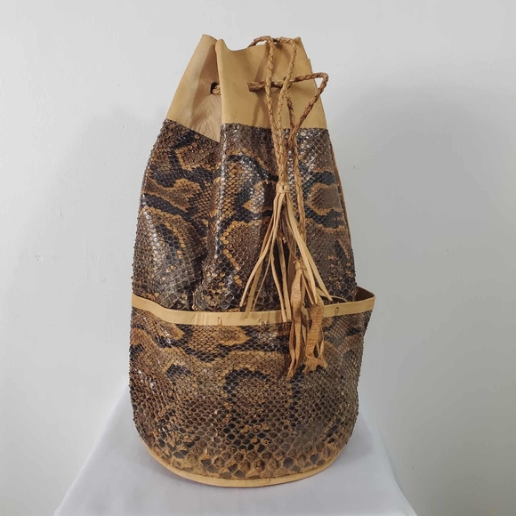 Vintage Handbags - Vintage Snakeskin 1970s Brown Drawstring Satchel Crossbody Handbag